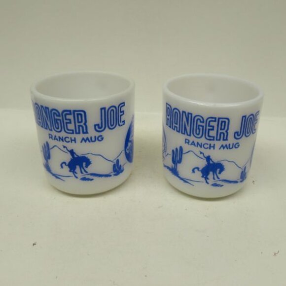 2 - Hazel Atlas White with Blue  Design RANGER JOE RANCH 2 7/8 Inch Childs Mugs - Picture 2 of 4